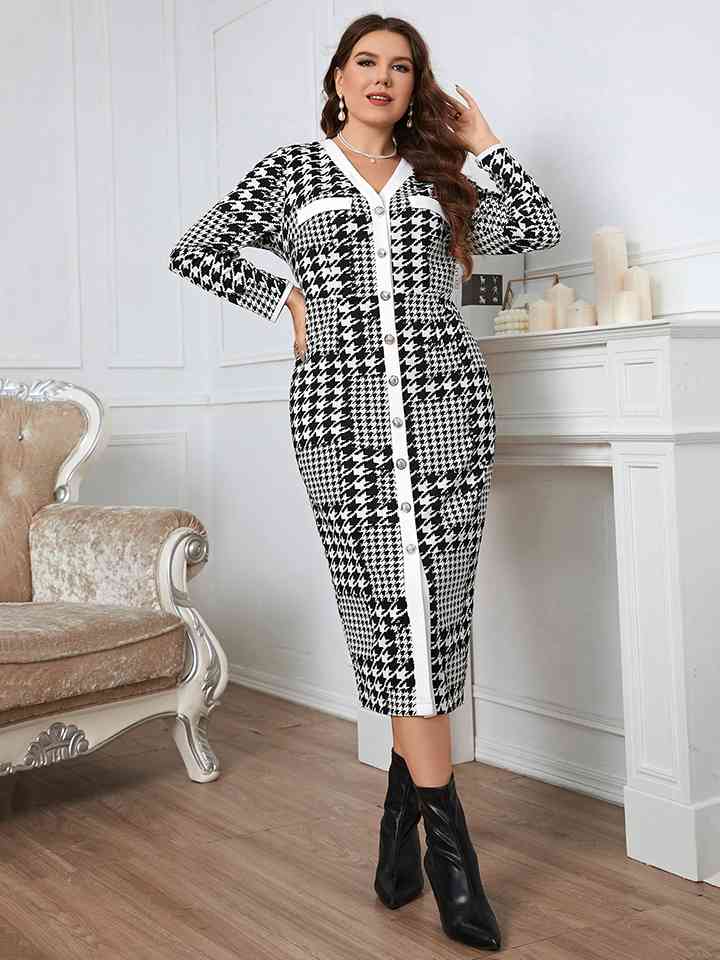 Plus Size Houndstooth Button-Down Long Sleeve Dress king-general-store-5710.myshopify.com