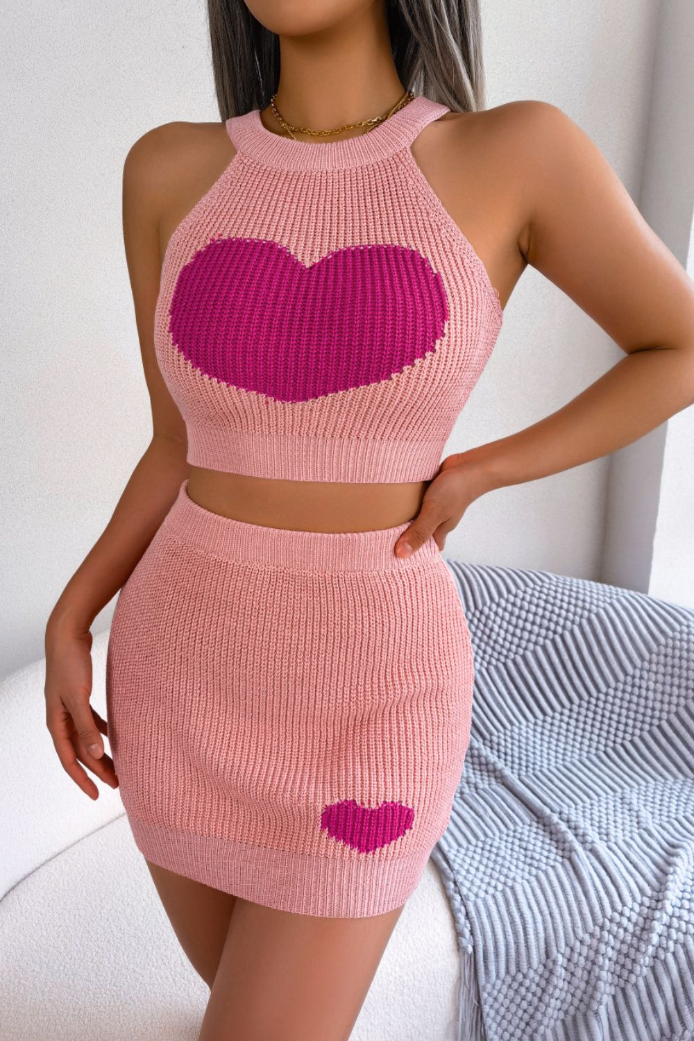 Heart Contrast Ribbed Sleeveless Knit Top and Skirt Set king-general-store-5710.myshopify.com