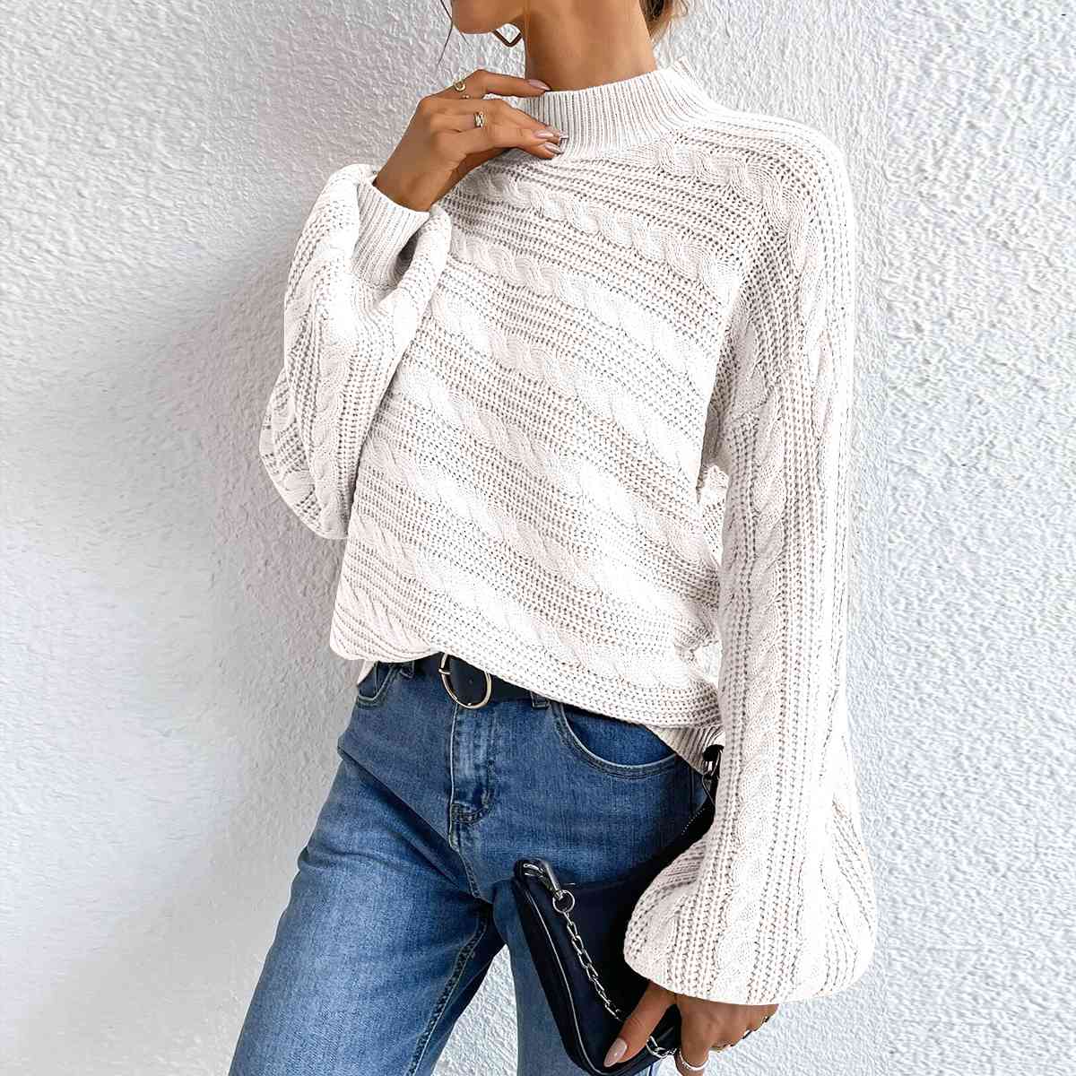 Cable-Knit Mock Neck  Long Sleeve Sweater king-general-store-5710.myshopify.com