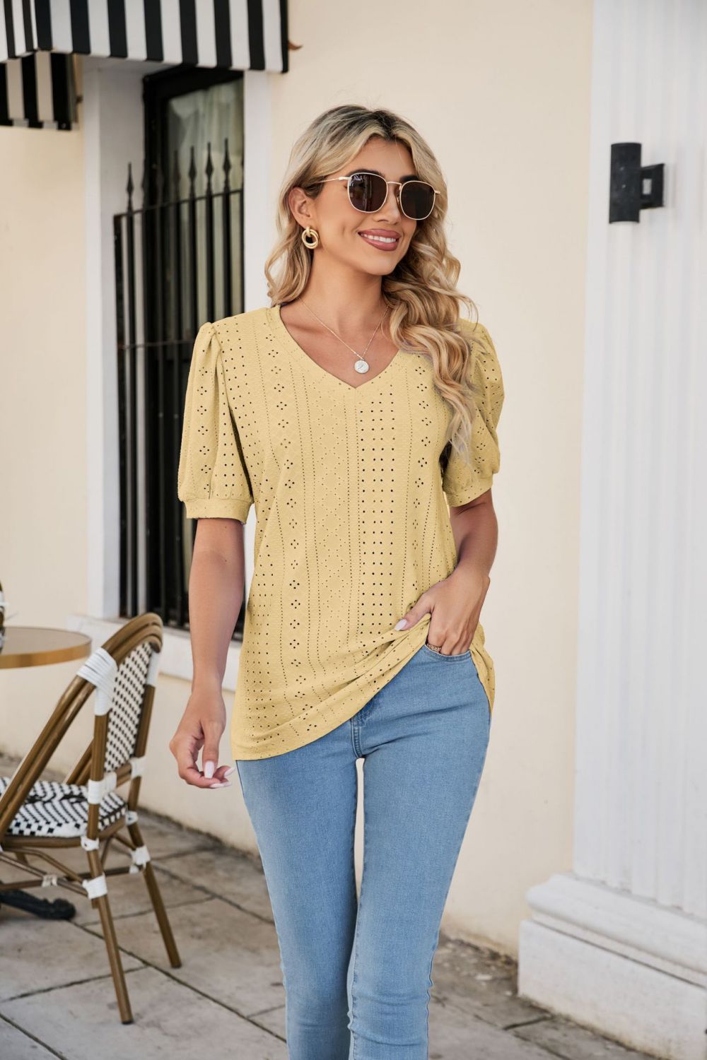 Eyelet Puff Sleeve V-Neck Top king-general-store-5710.myshopify.com