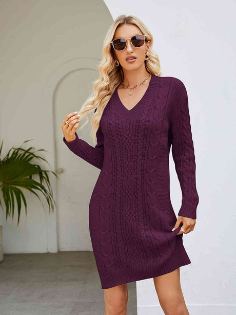 Cable-Knit V-Neck Mini Sweater Dress king-general-store-5710.myshopify.com