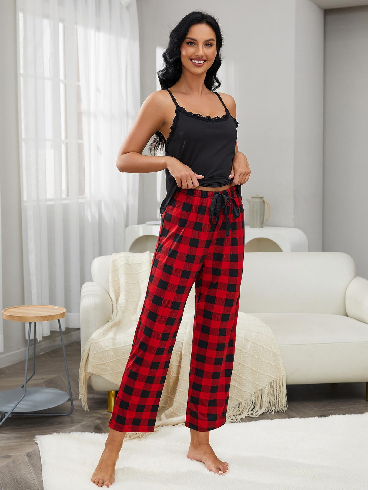 Lace Trim Cami and Plaid Pants Lounge Set king-general-store-5710.myshopify.com