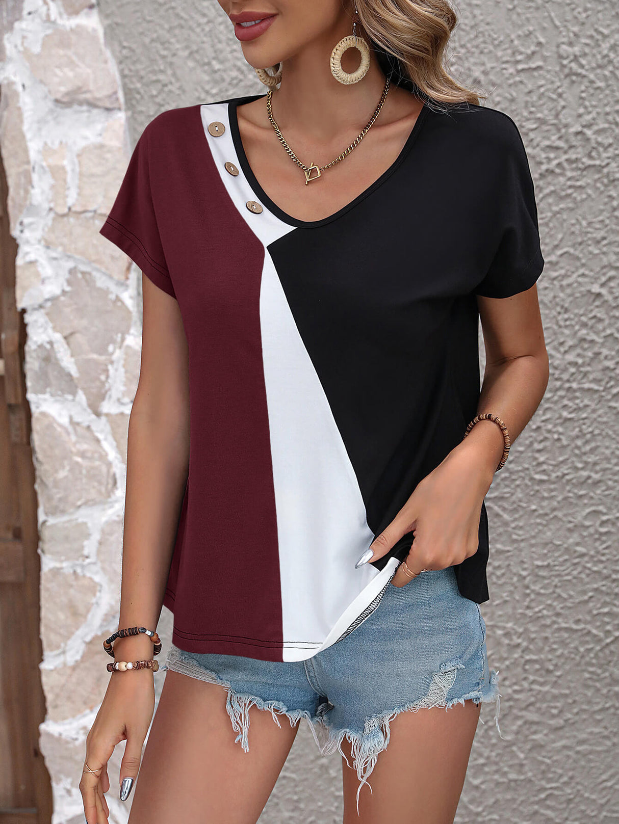 Color Block Decorative Button V-Neck Tee king-general-store-5710.myshopify.com