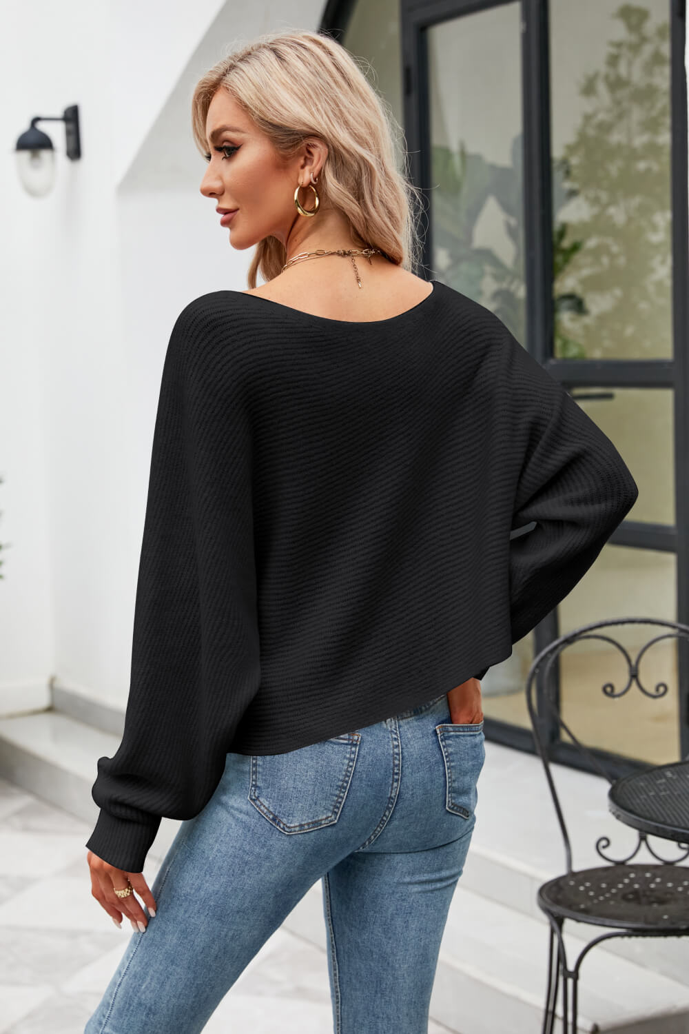 Boat Neck Horizontal Ribbing Dolman Sleeve Sweater king-general-store-5710.myshopify.com