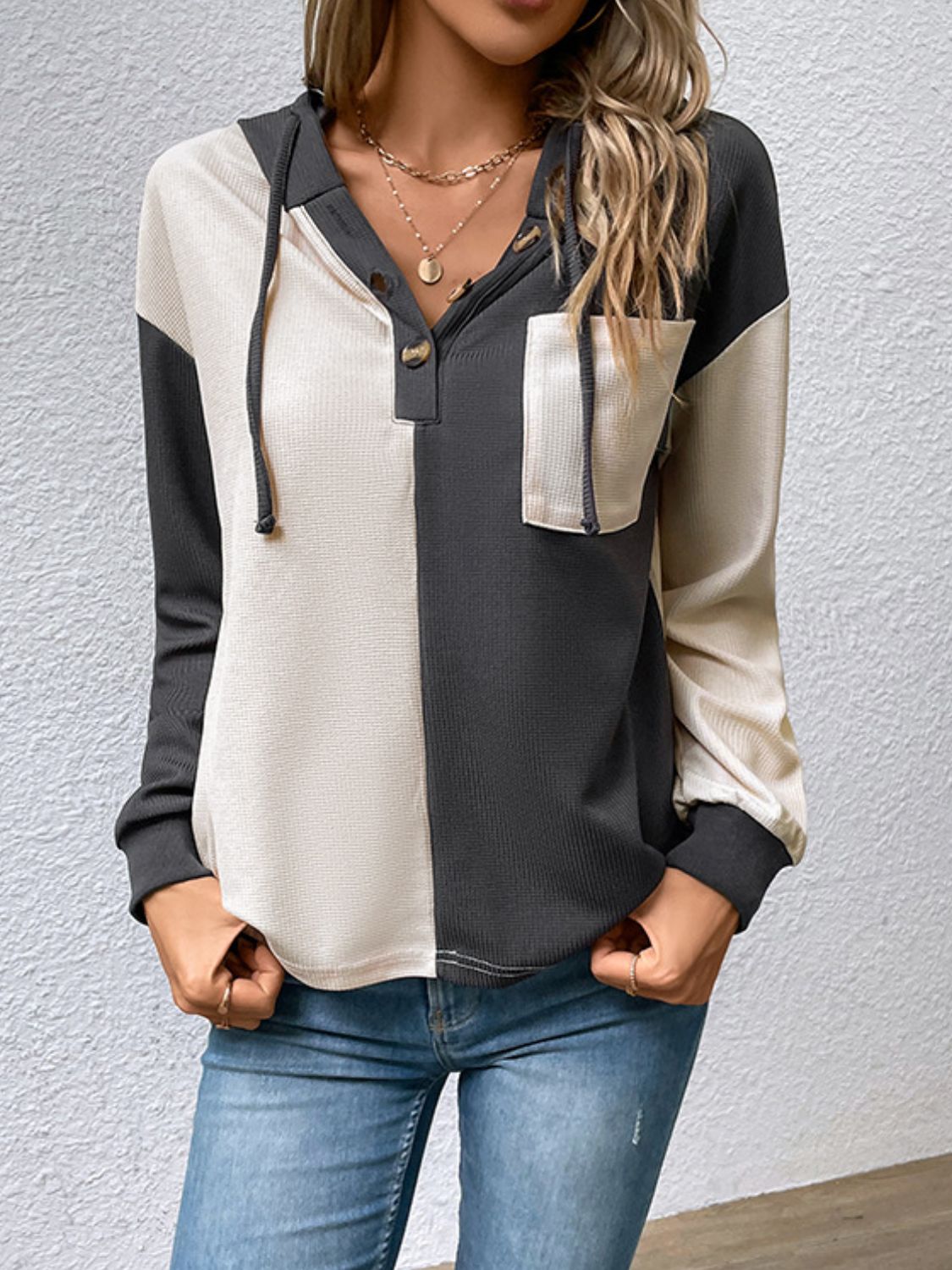 Contrast Color Button-Up Raglan Sleeve Hoodie king-general-store-5710.myshopify.com