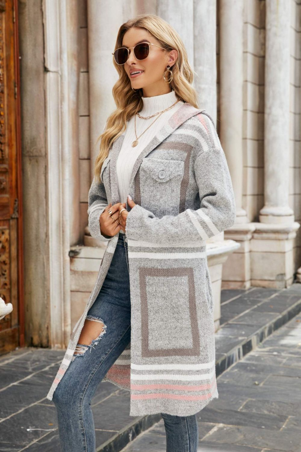 Double Take Printed Open Front Hooded Longline Cardigan king-general-store-5710.myshopify.com