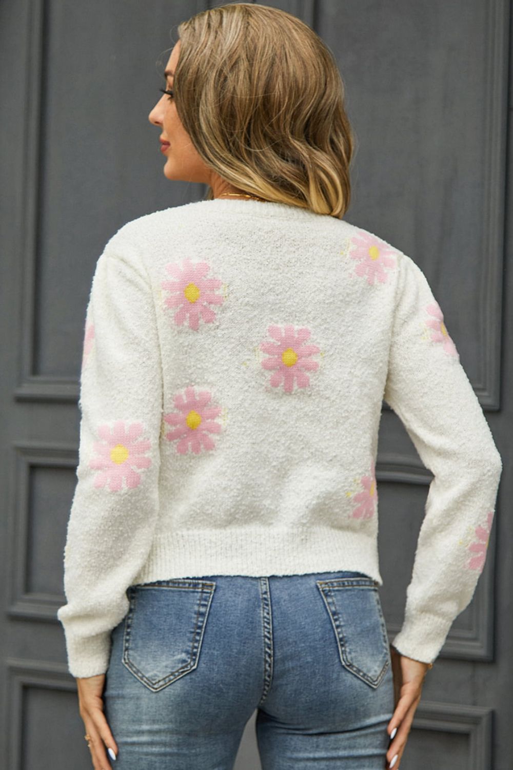 Flower Pattern Round Neck Short Sleeve Pullover Sweater king-general-store-5710.myshopify.com