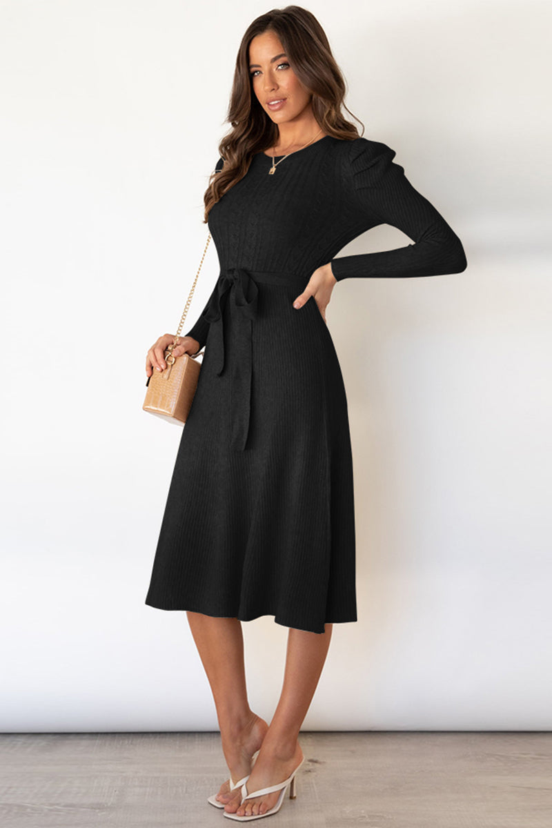 Round Neck Long Sleeve Tie Waist Sweater Dress king-general-store-5710.myshopify.com