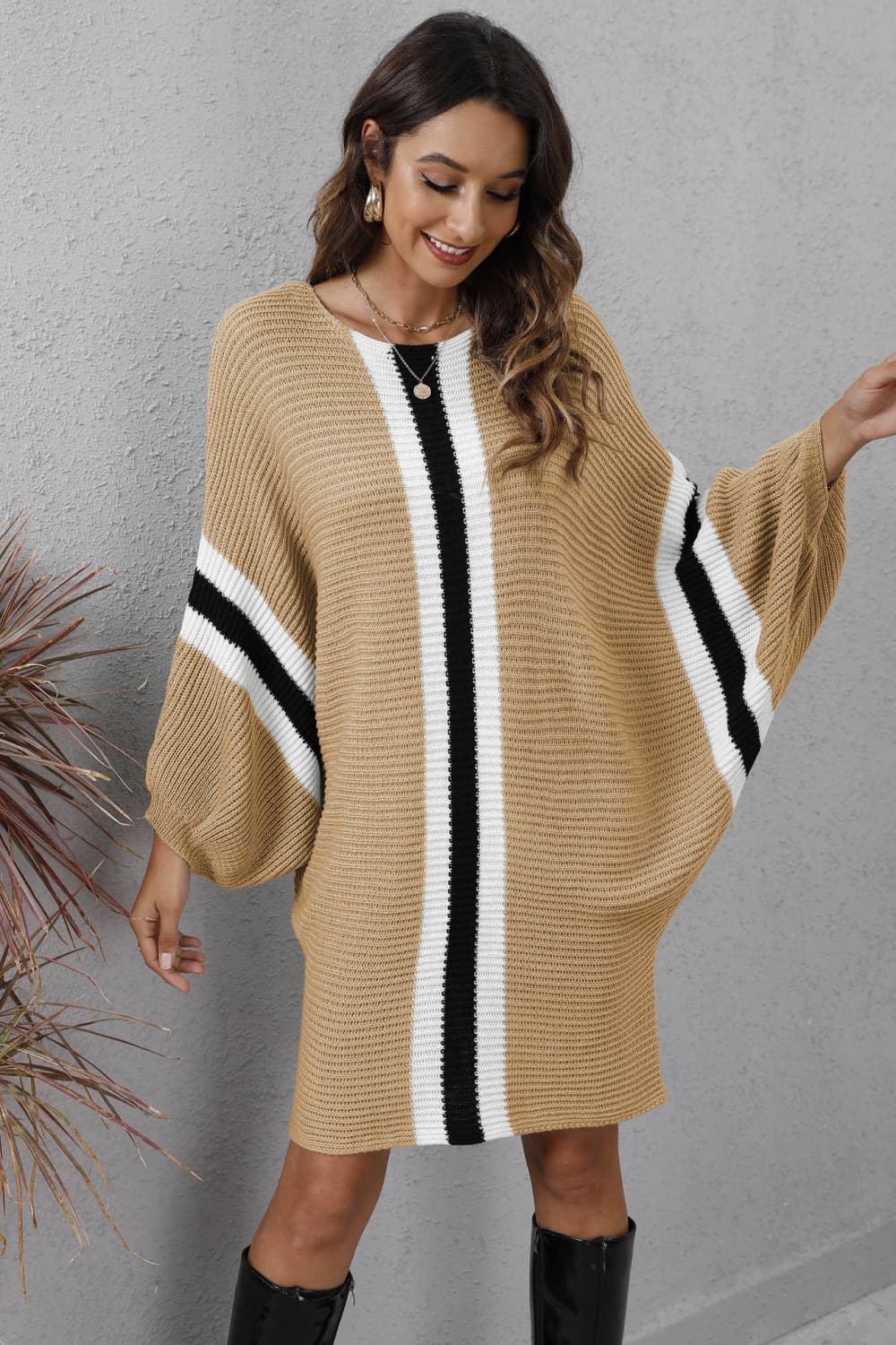 Ribbed Round Neck Long Sleeve Sweater Dress king-general-store-5710.myshopify.com