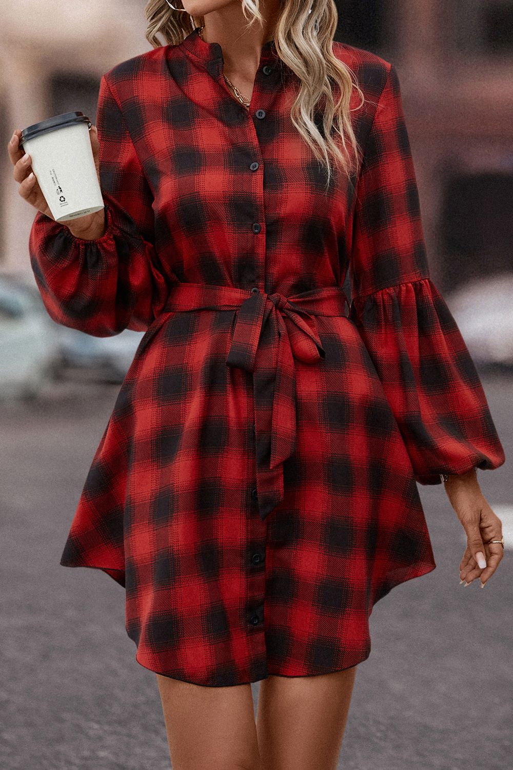 Plaid Tie Waist Balloon Sleeve Mini Dress king-general-store-5710.myshopify.com