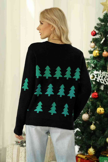 Christmas Tree Round Neck Ribbed Trim Sweater king-general-store-5710.myshopify.com