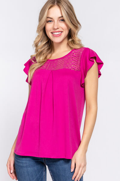 ACTIVE BASIC Ruffle Short Sleeve Lace Detail Knit Top king-general-store-5710.myshopify.com