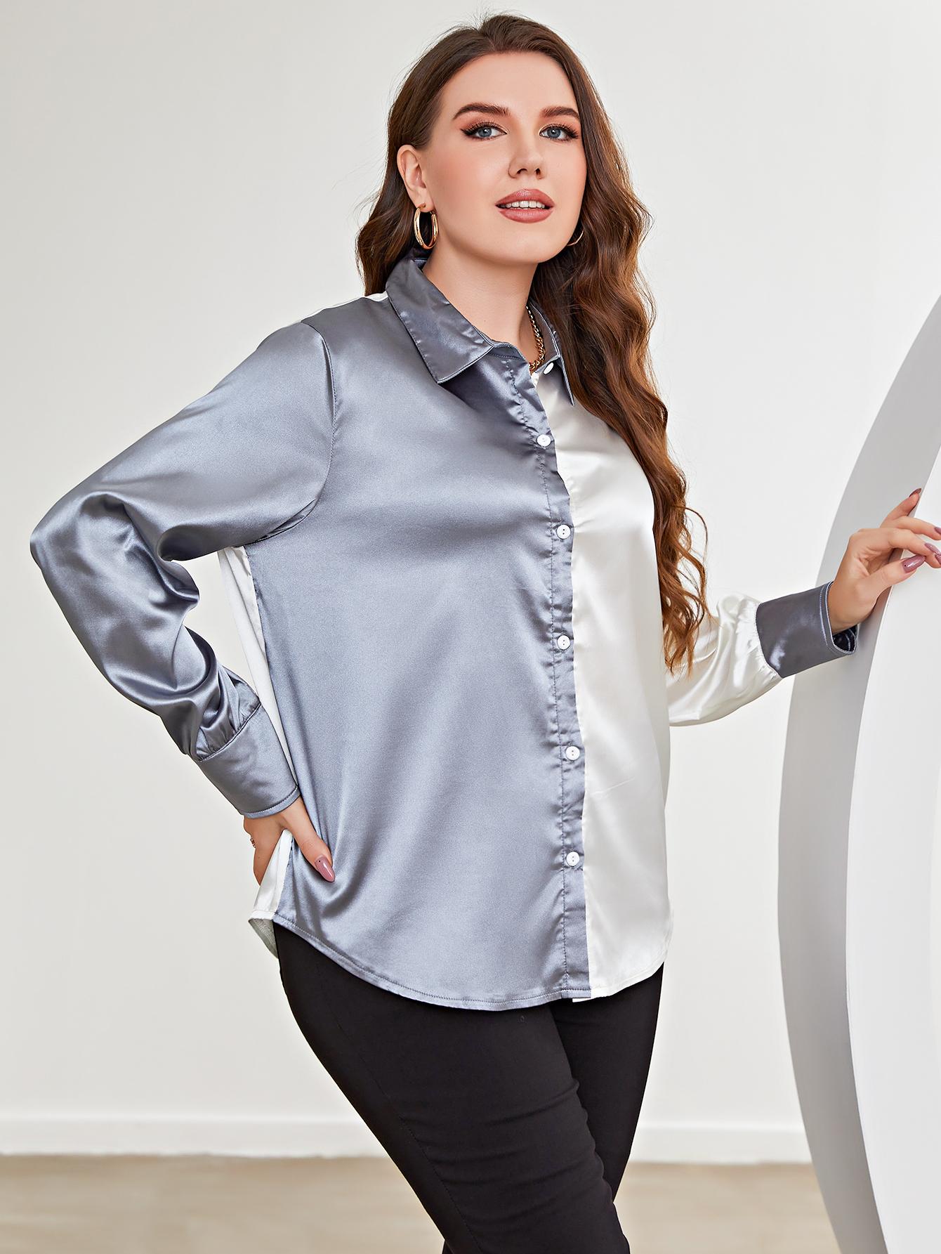 Plus Size Two-Tone Long Sleeve Shirt king-general-store-5710.myshopify.com