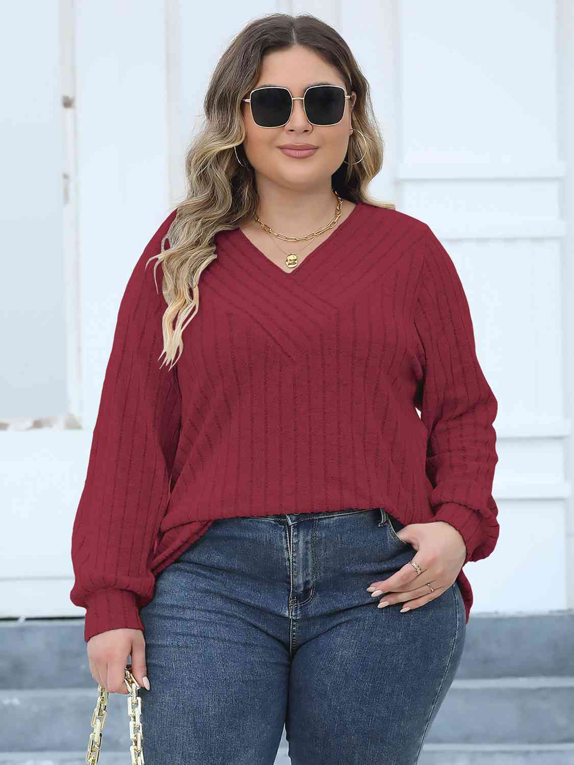 Plus Size Ribbed V-Neck Long Sleeve Top king-general-store-5710.myshopify.com