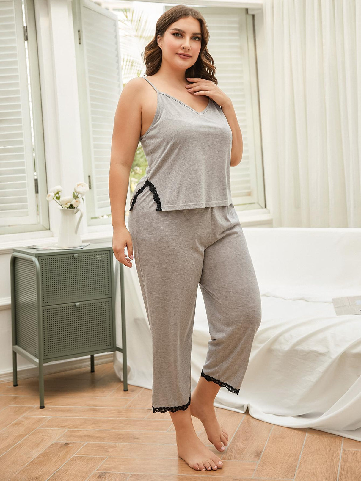 Plus Size Lace Trim Slit Cami and Pants Pajama Set king-general-store-5710.myshopify.com