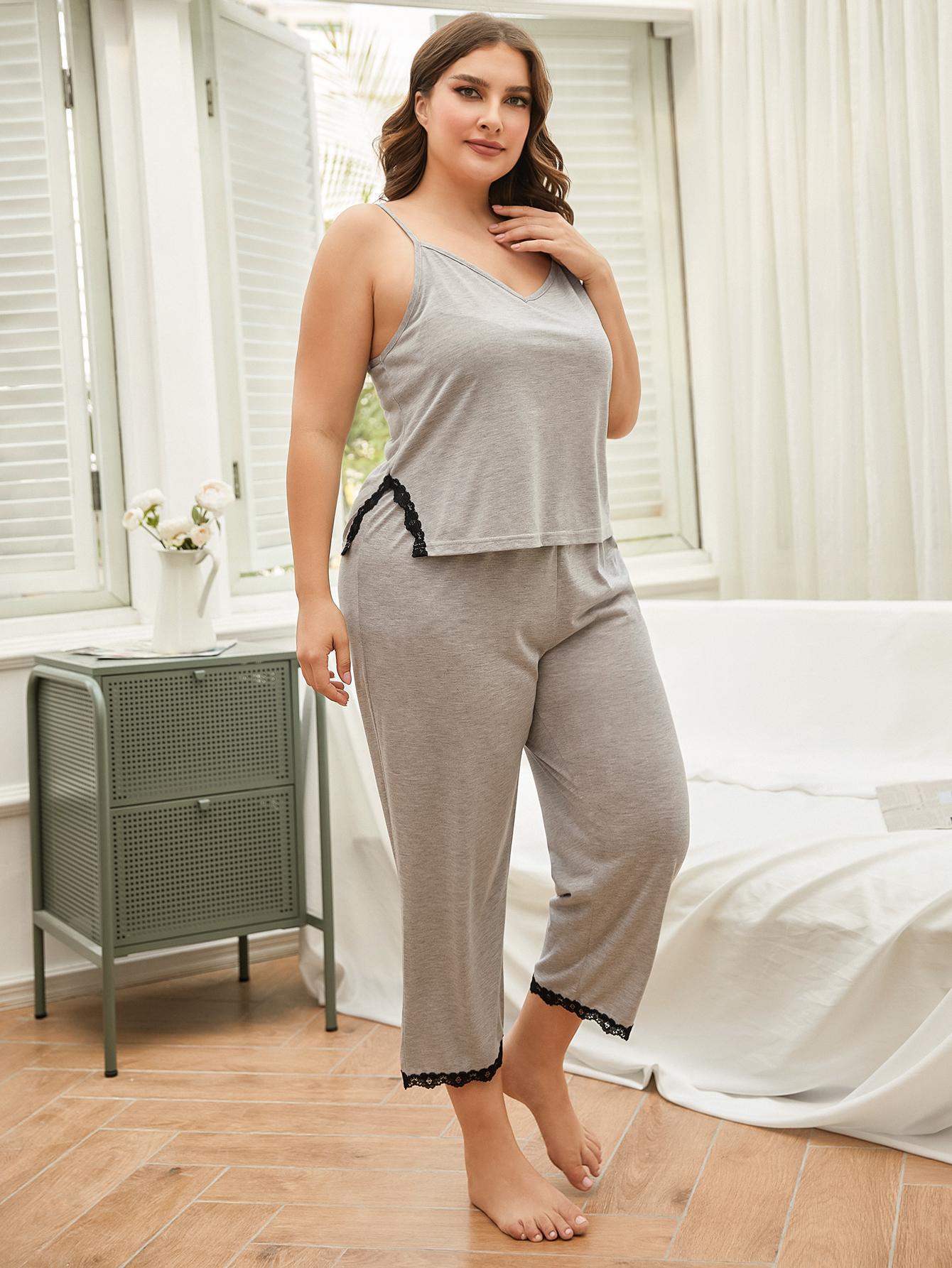 Plus Size Lace Trim Slit Cami and Pants Pajama Set king-general-store-5710.myshopify.com