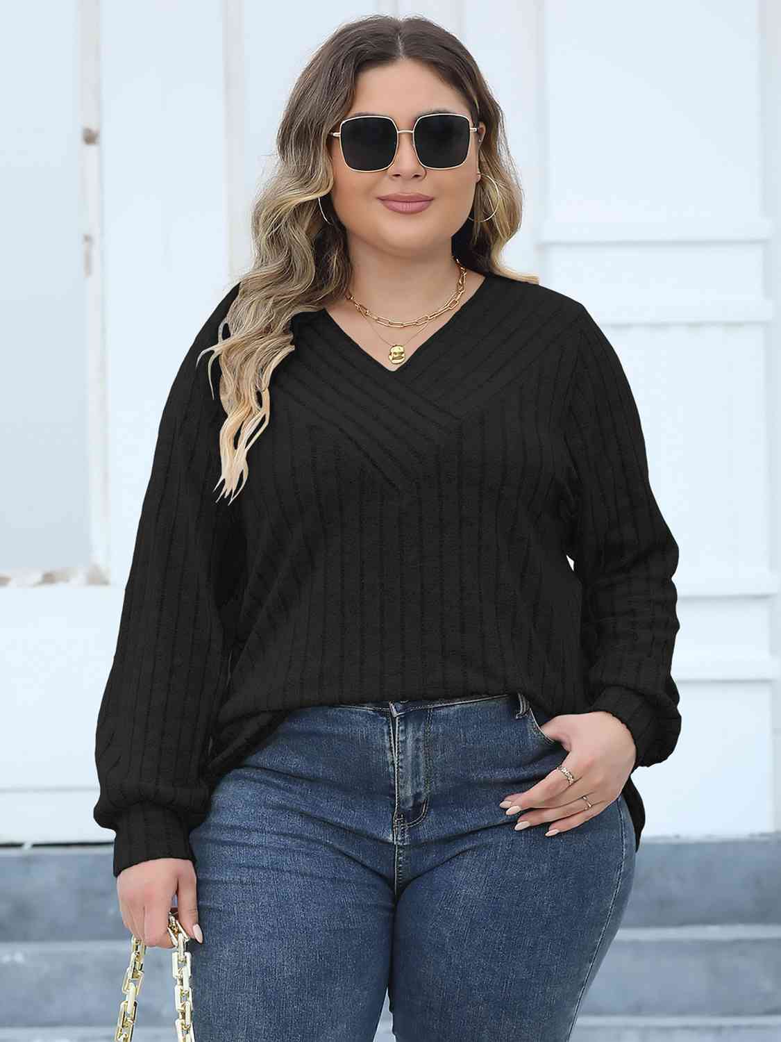 Plus Size Ribbed V-Neck Long Sleeve Top king-general-store-5710.myshopify.com