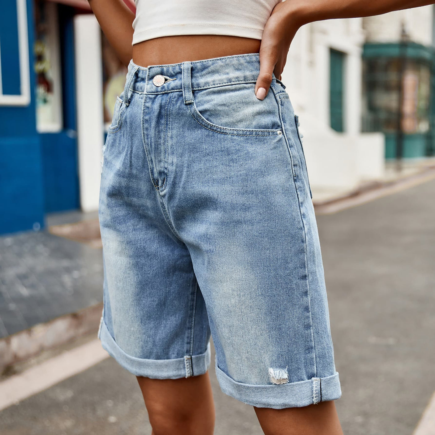 Distressed Buttoned Denim Shorts with Pockets king-general-store-5710.myshopify.com