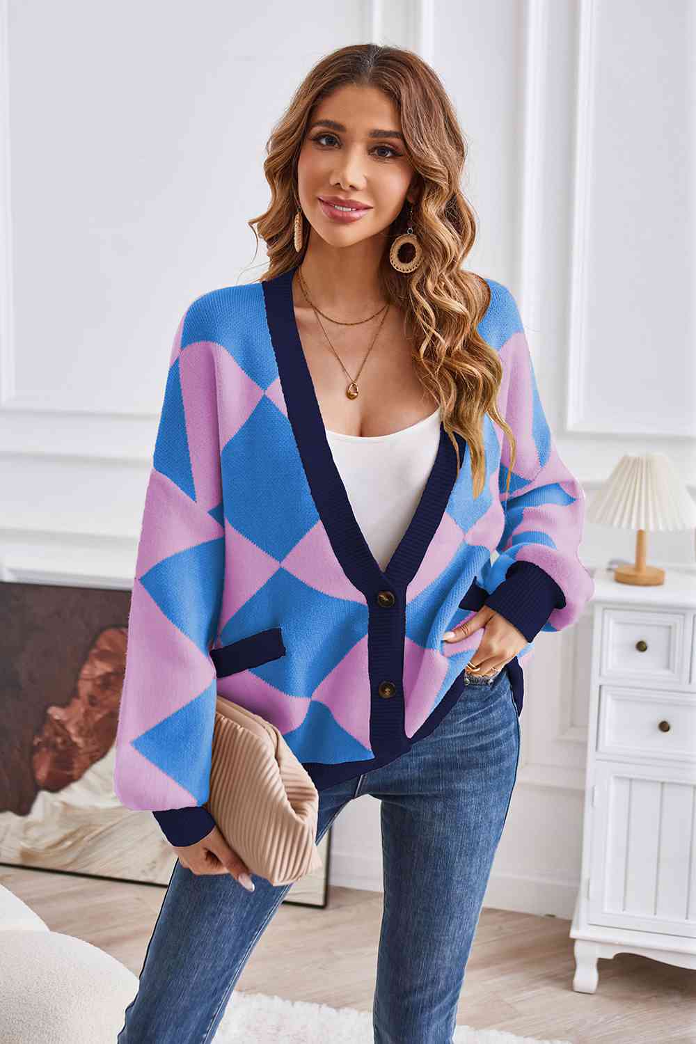 Geometric Lantern Sleeve Cardigan with Pockets king-general-store-5710.myshopify.com