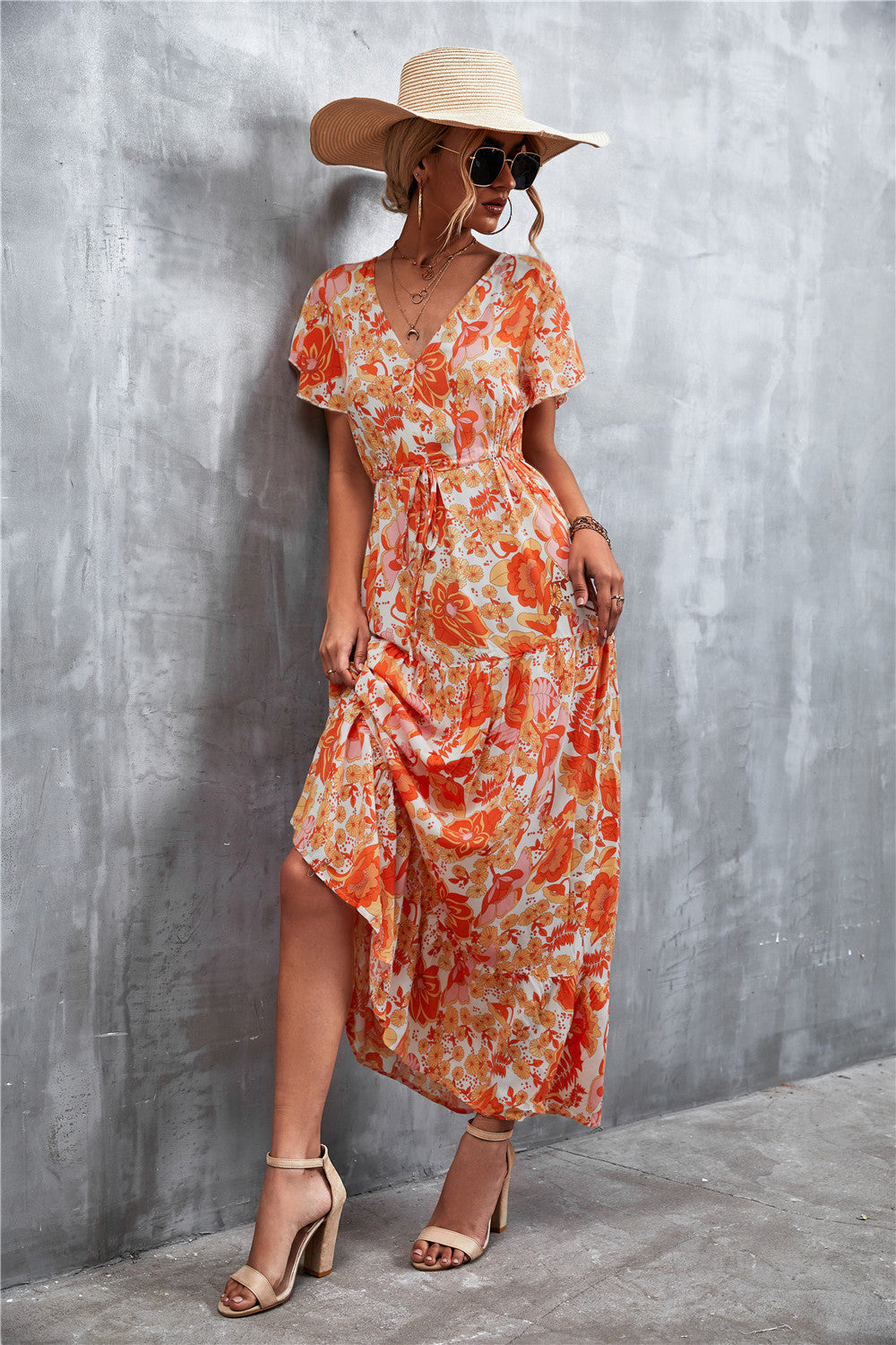 Floral Buttoned Drawstring Waist Tiered Dress king-general-store-5710.myshopify.com