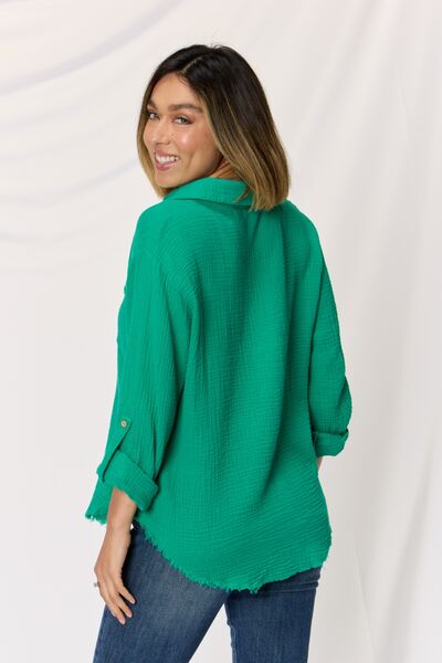 Zenana Texture Button Up Raw Hem Long Sleeve Shirt king-general-store-5710.myshopify.com