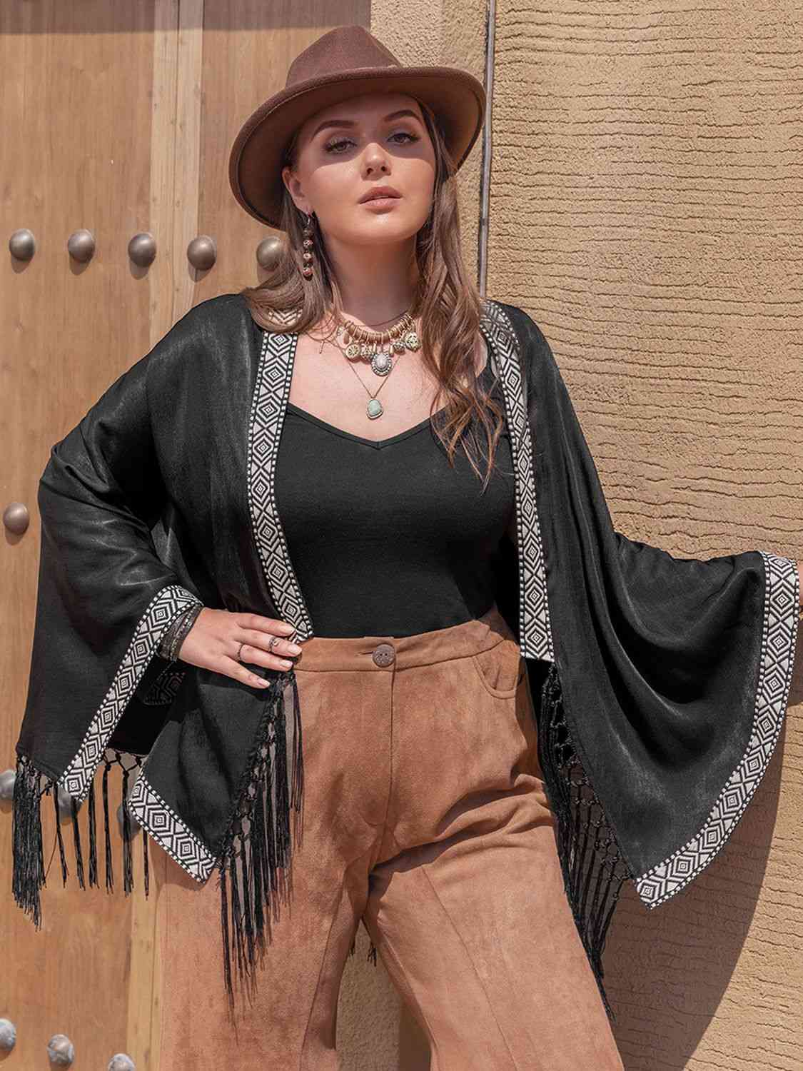 Plus Size Geometric Open Front Fringe Hem Cardigan king-general-store-5710.myshopify.com