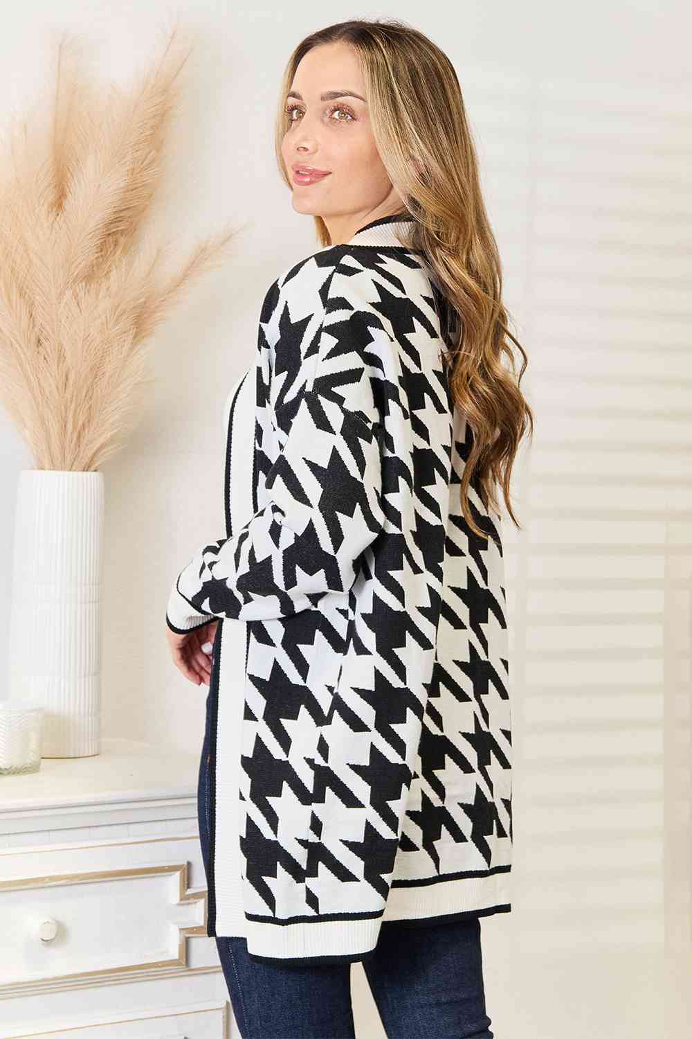 Woven Right Houndstooth Open Front Longline Cardigan king-general-store-5710.myshopify.com