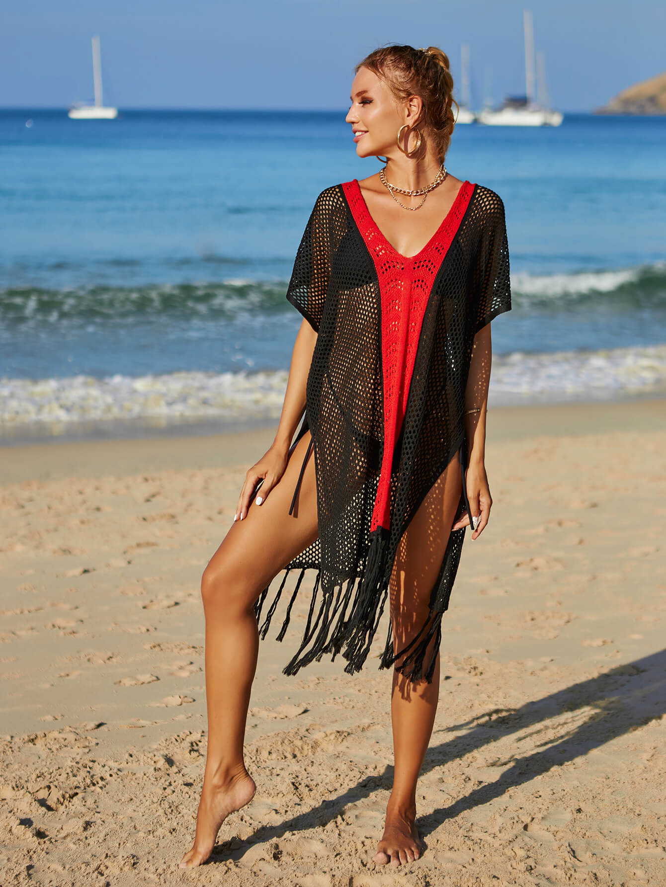 Contrast Fringe Trim Openwork Cover-Up Dress king-general-store-5710.myshopify.com