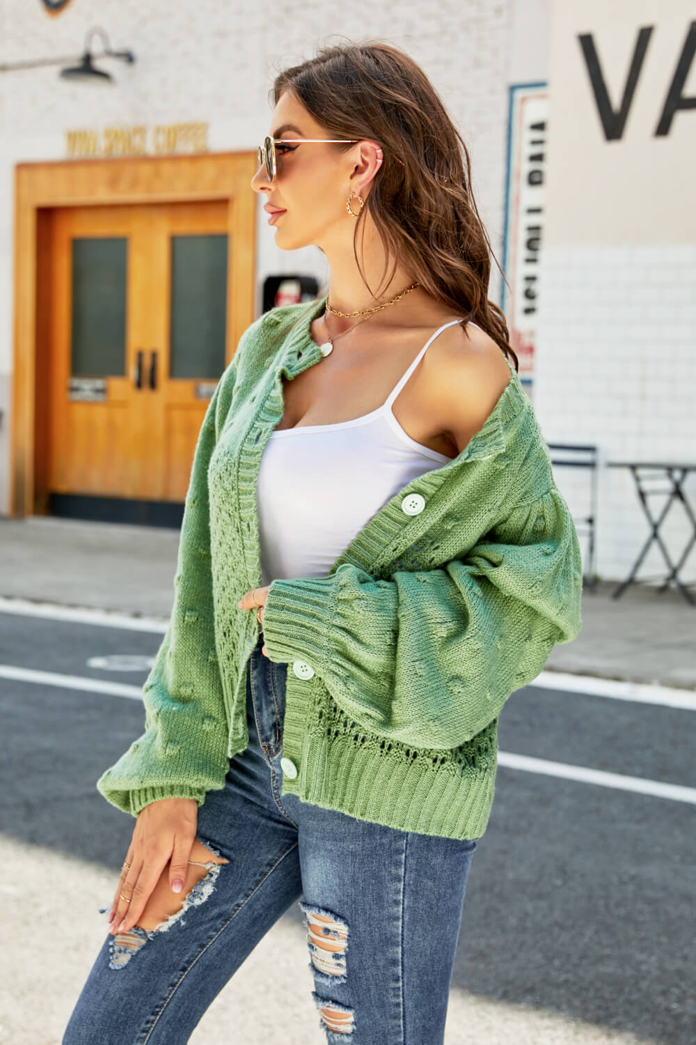 Woven Right Openwork Pompom Puff Sleeve Cardigan king-general-store-5710.myshopify.com