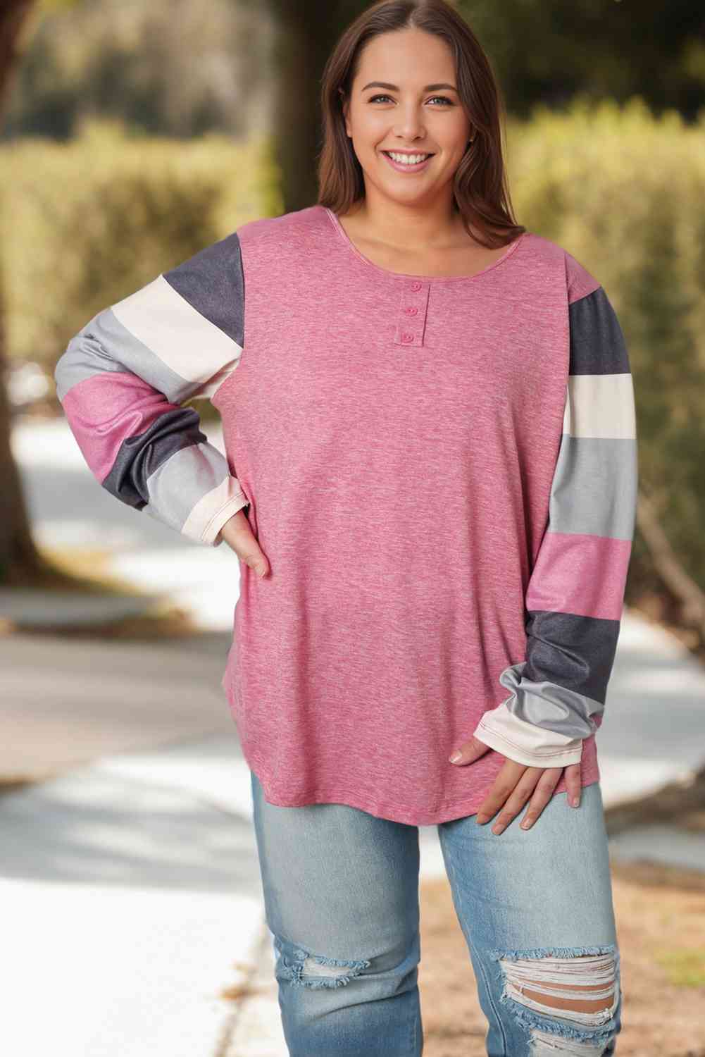 Plus Size Round Neck Color Block Long Sleeve T-Shirt king-general-store-5710.myshopify.com