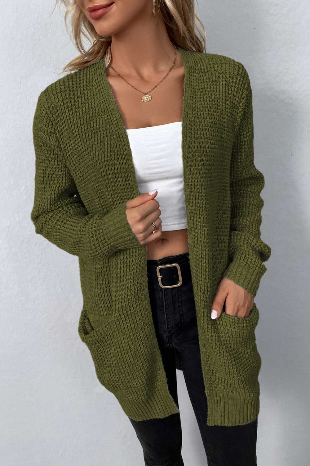 Rib-Knit Open Front Pocketed Cardigan king-general-store-5710.myshopify.com