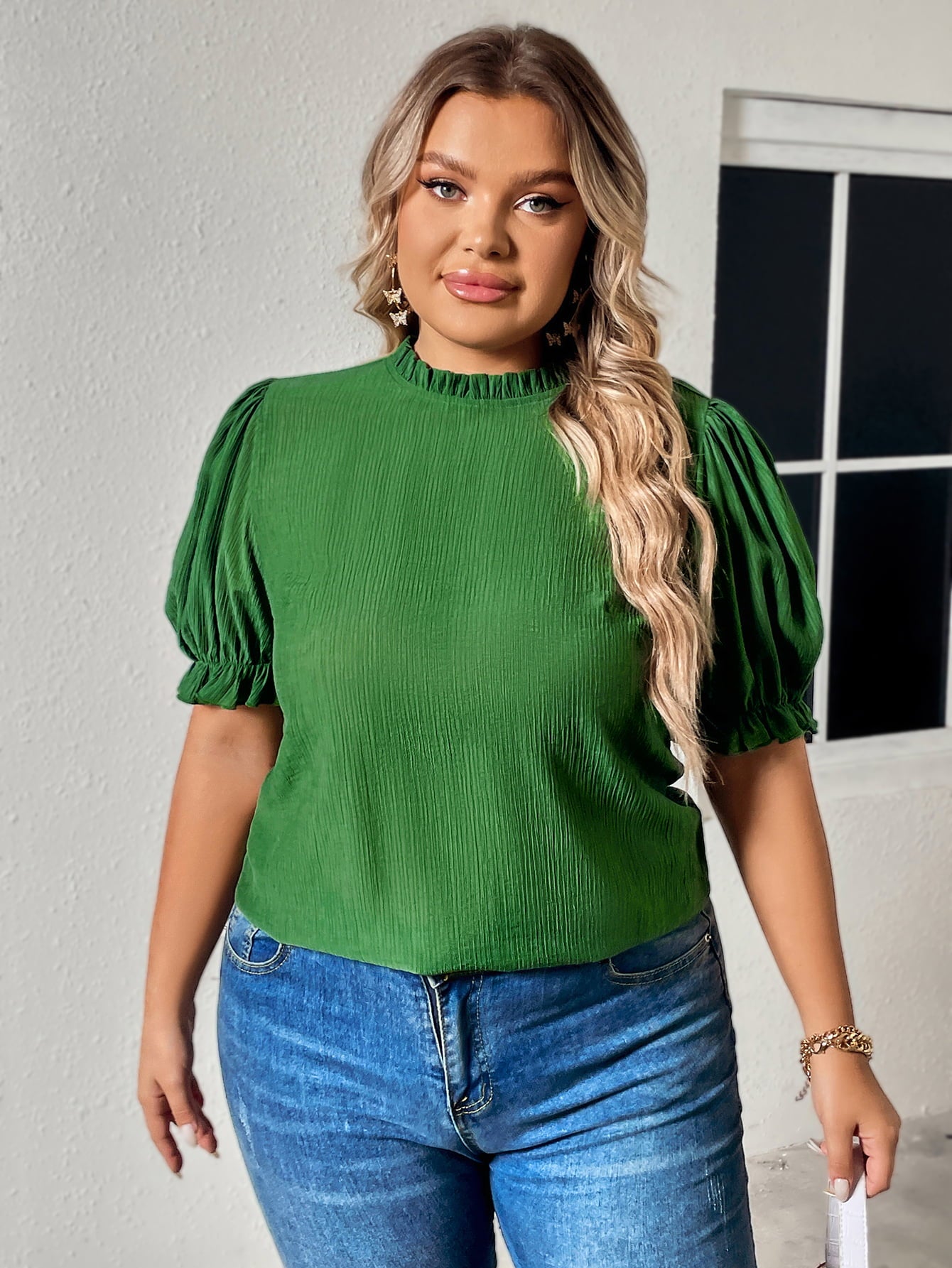 Plus Size Round Neck Flounce Sleeve Blouse king-general-store-5710.myshopify.com