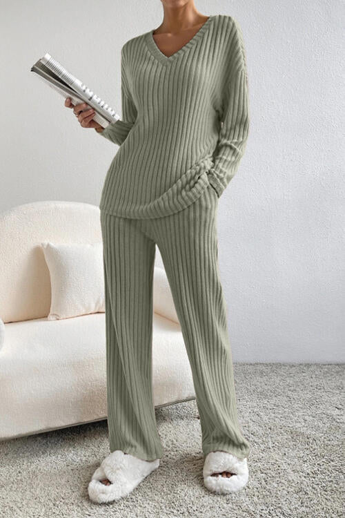 Ribbed V-Neck Top and Pants Set king-general-store-5710.myshopify.com