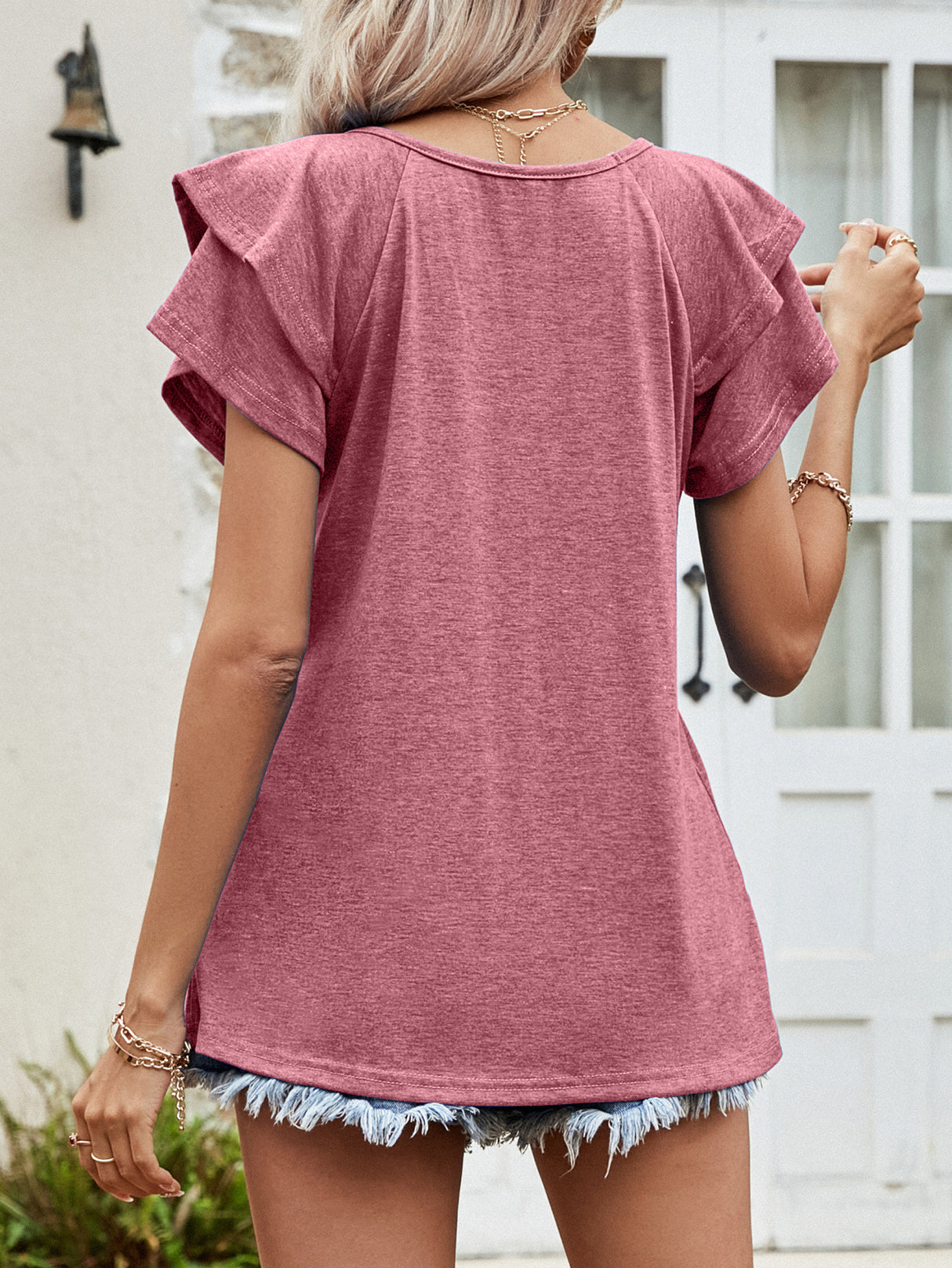 Layered Flutter Sleeve V-Neck Top king-general-store-5710.myshopify.com