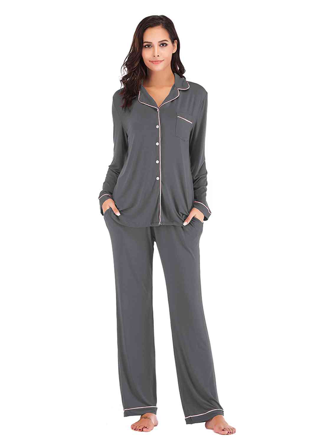 Collared Neck Long Sleeve Loungewear Set with Pockets king-general-store-5710.myshopify.com