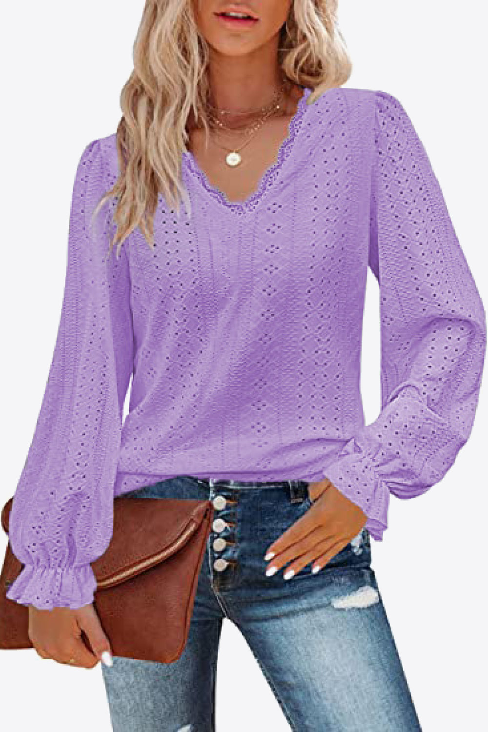 Eyelet V-Neck Flounce Sleeve Blouse king-general-store-5710.myshopify.com