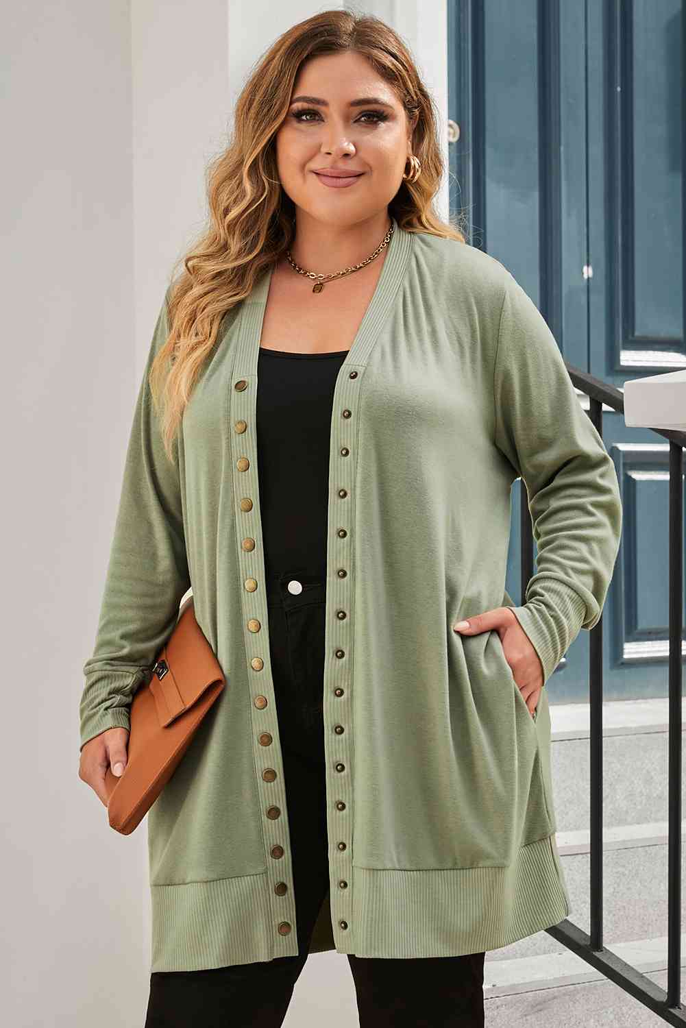 Snap Up V-Neck Long Sleeve Cardigan with Pockets king-general-store-5710.myshopify.com