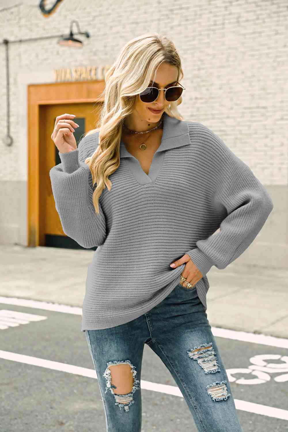 Double Take Horizontal Ribbing Johnny Collar Sweater king-general-store-5710.myshopify.com