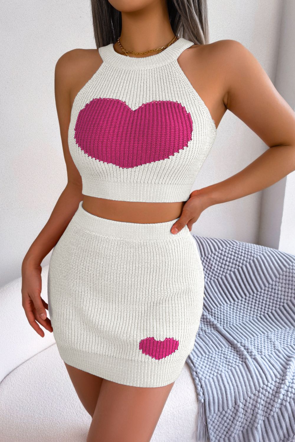 Heart Contrast Ribbed Sleeveless Knit Top and Skirt Set king-general-store-5710.myshopify.com