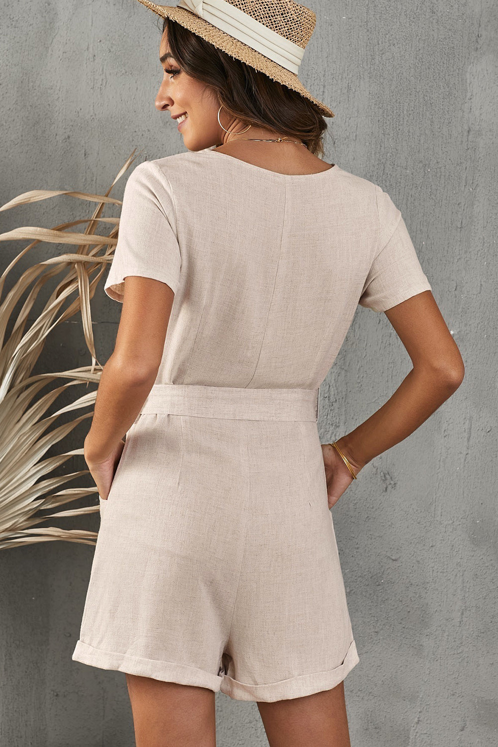 V-Neck Short Sleeve Tie Belt Romper with Pockets king-general-store-5710.myshopify.com