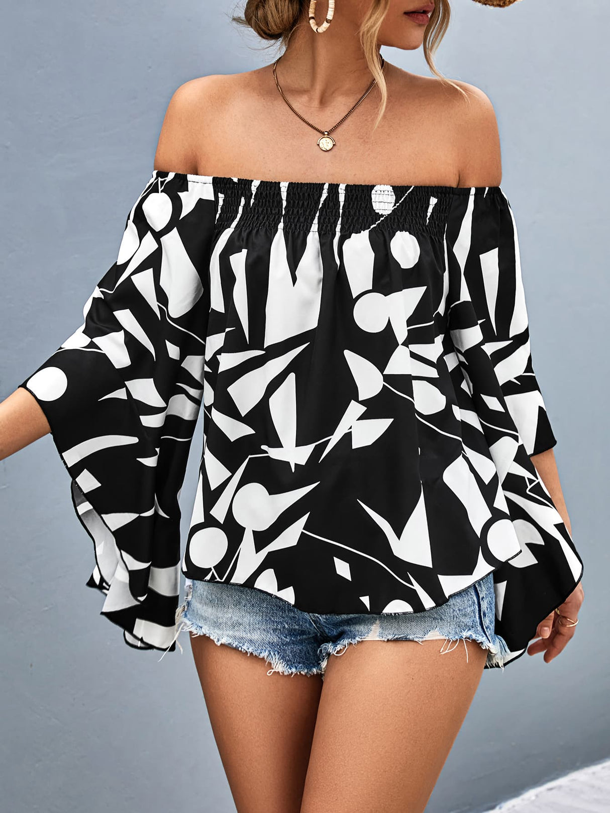 Printed Off-Shoulder Bell Sleeve Blouse king-general-store-5710.myshopify.com