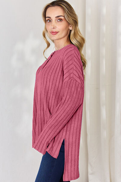 Basic Bae Full Size Ribbed Half Button Long Sleeve High-Low T-Shirt king-general-store-5710.myshopify.com