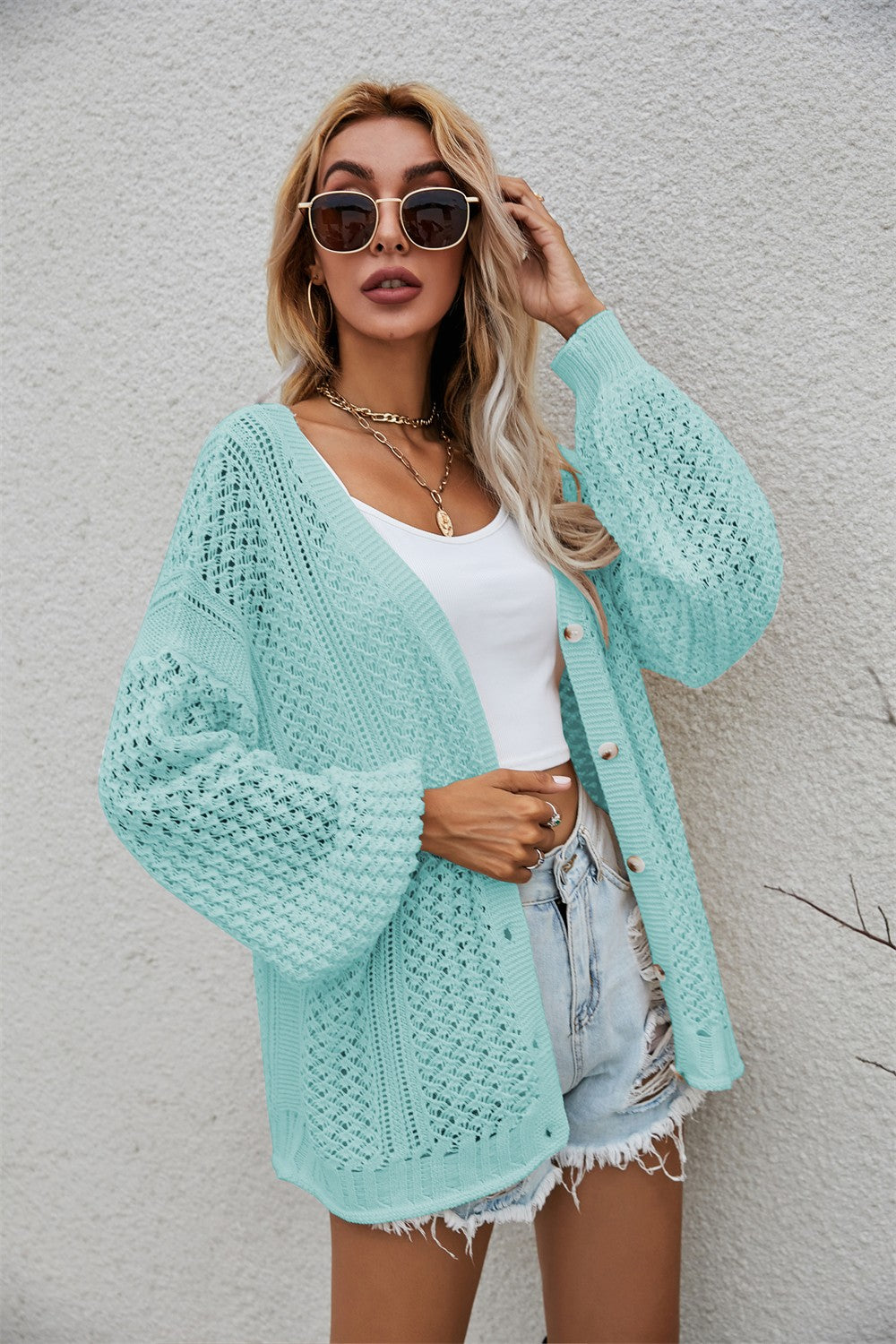 Openwork V-Neck Dropped Shoulder Cardigan king-general-store-5710.myshopify.com