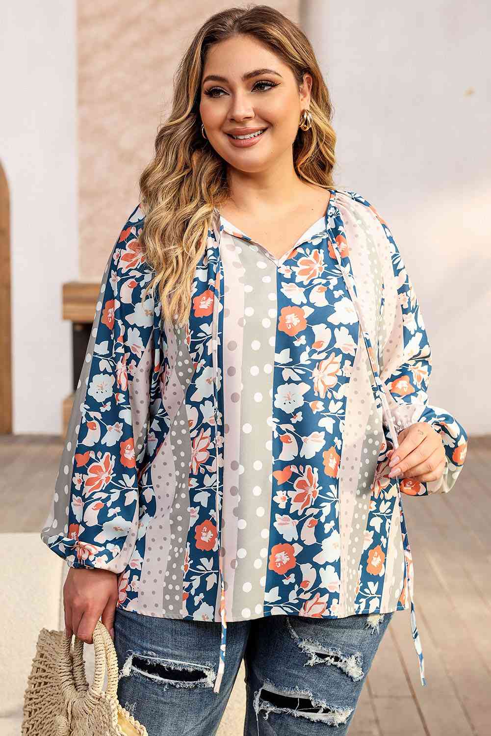 Plus Size Floral Tie Neck Blouse king-general-store-5710.myshopify.com