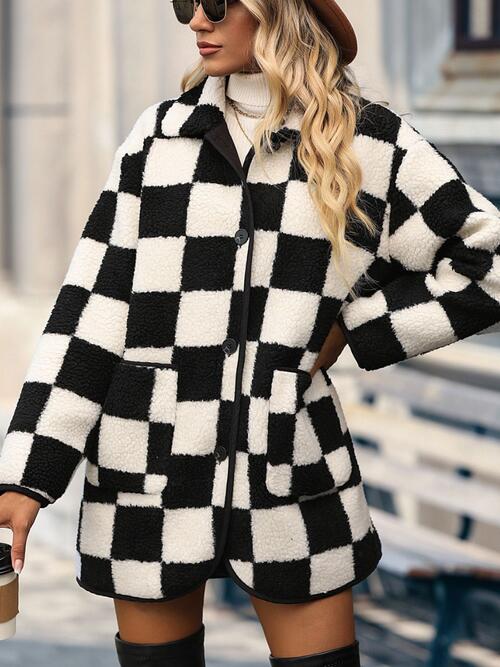 Double Take Full Size Checkered Button Front Coat with Pockets king-general-store-5710.myshopify.com