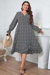 Plus Size Printed V-Neck Flounce Sleeve Midi Dress king-general-store-5710.myshopify.com