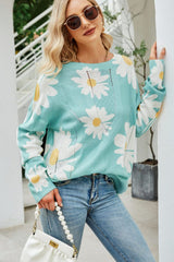 Daisy Print Openwork Round Neck Sweater king-general-store-5710.myshopify.com