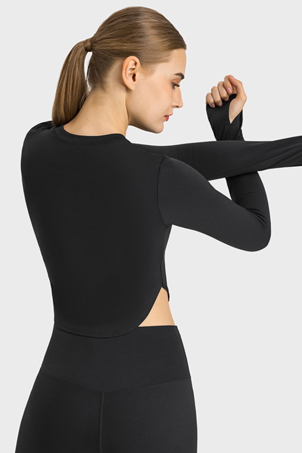 Side Slit Long Sleeve Round Neck Crop Top king-general-store-5710.myshopify.com