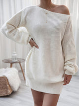 Rib-Knit Balloon Sleeve Boat Neck Sweater Dress king-general-store-5710.myshopify.com