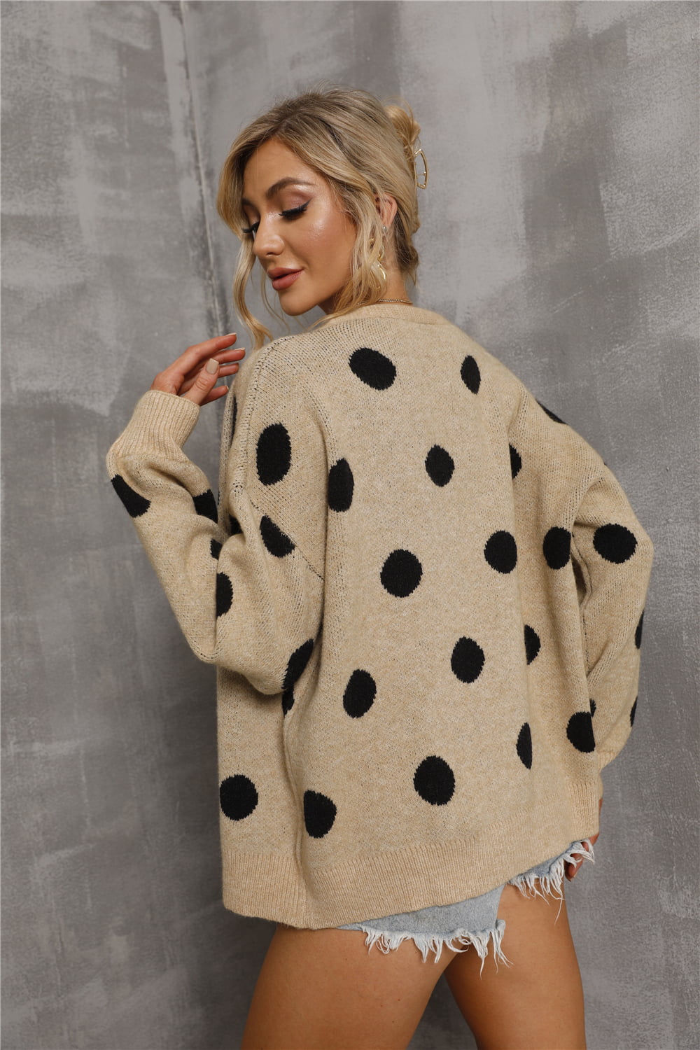 Dropped Shoulder Polka Dot Cardigan king-general-store-5710.myshopify.com